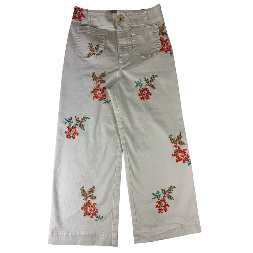 Maeve Anthropologie Colette Floral Embroidered White Jeans 28